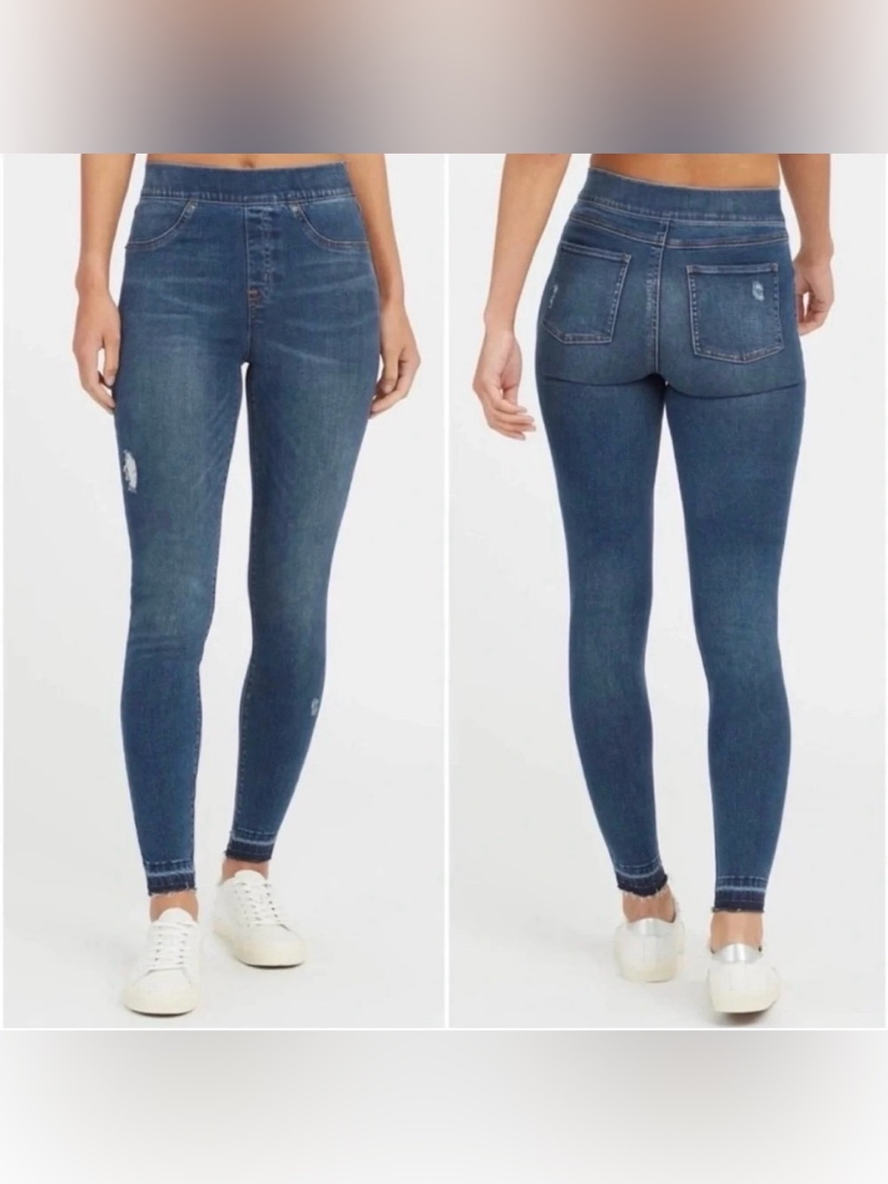 SPANX Women’s S Petite Pull On Skinny Jeans Distressed Dark Wash Raw Hem